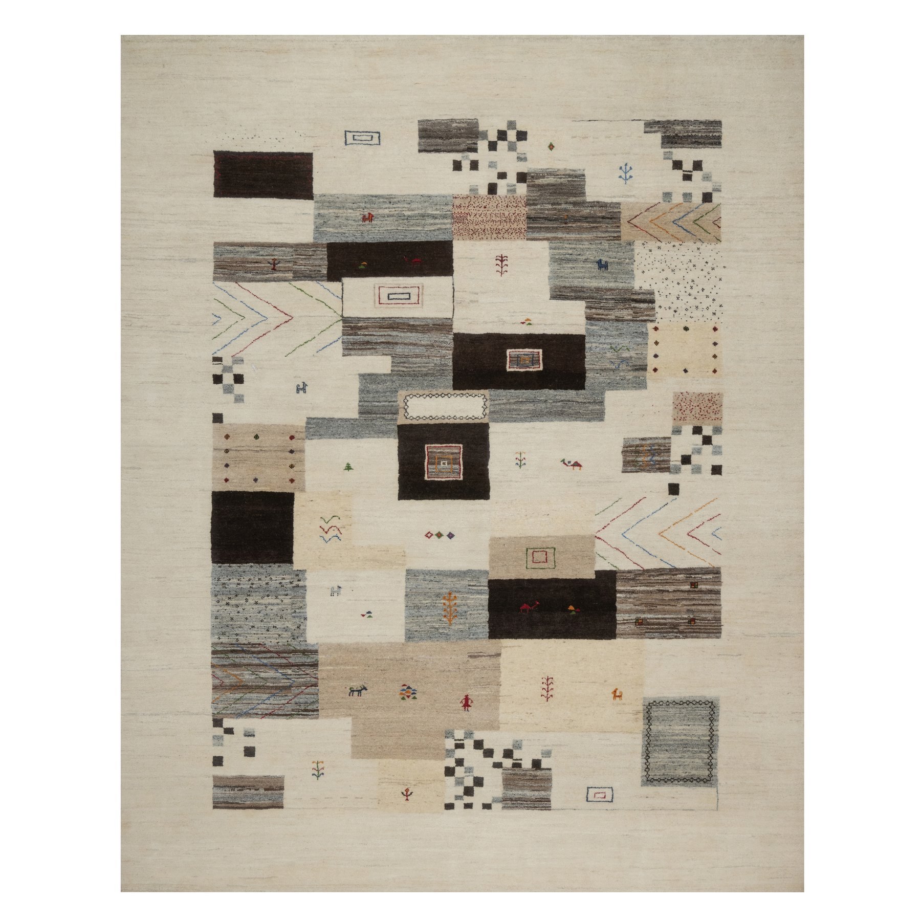 Swan White, Modern, Lori Buft Gabbeh with Small Animal Figurines, Thick and Plush, Pure Wool, Hand Knotted, Oriental Rug
